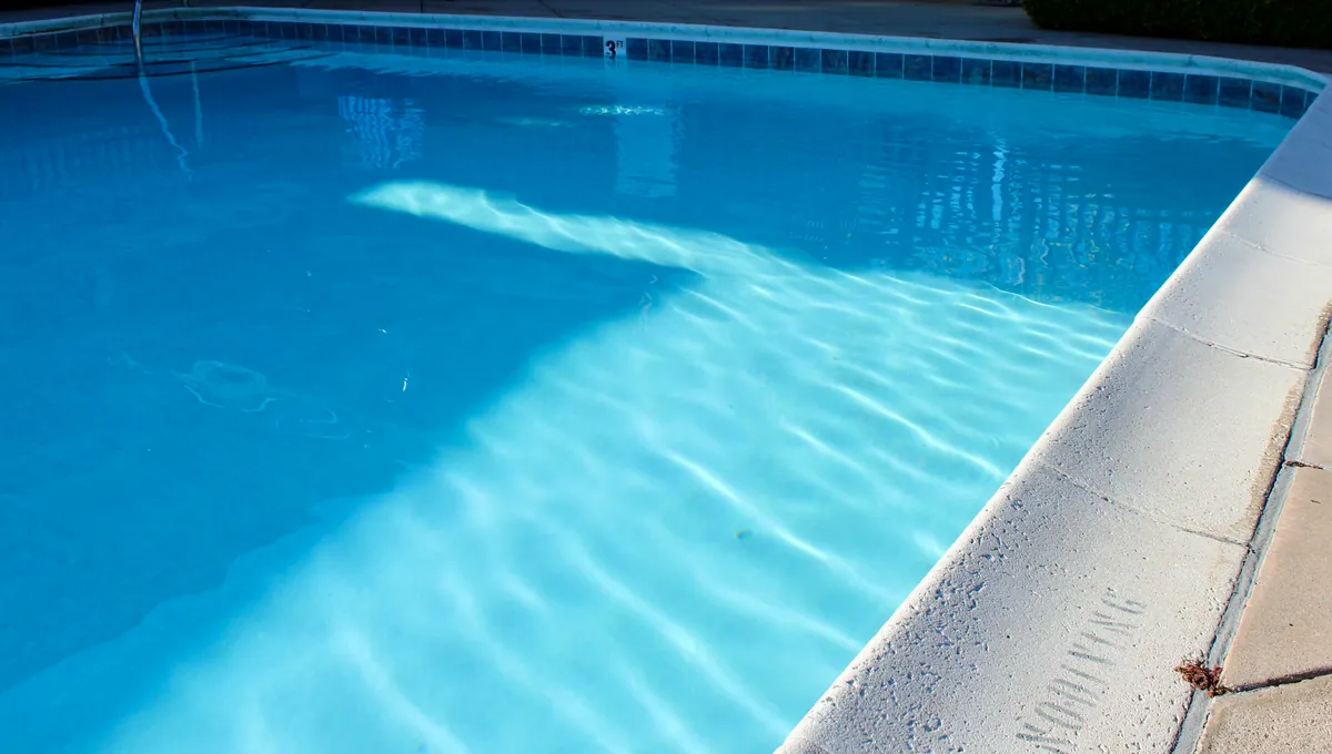 Bright blue pool with a rounded bullnose coping edge, blue waterline tile and a stone paver deck